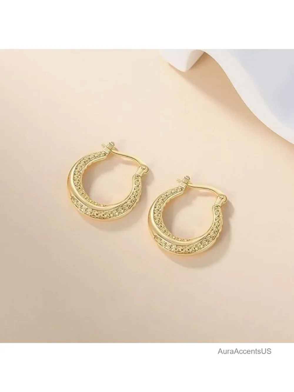 14K Gold Plated Hoop Earrings for Women Textured Bead Accents Hypoallergenic
